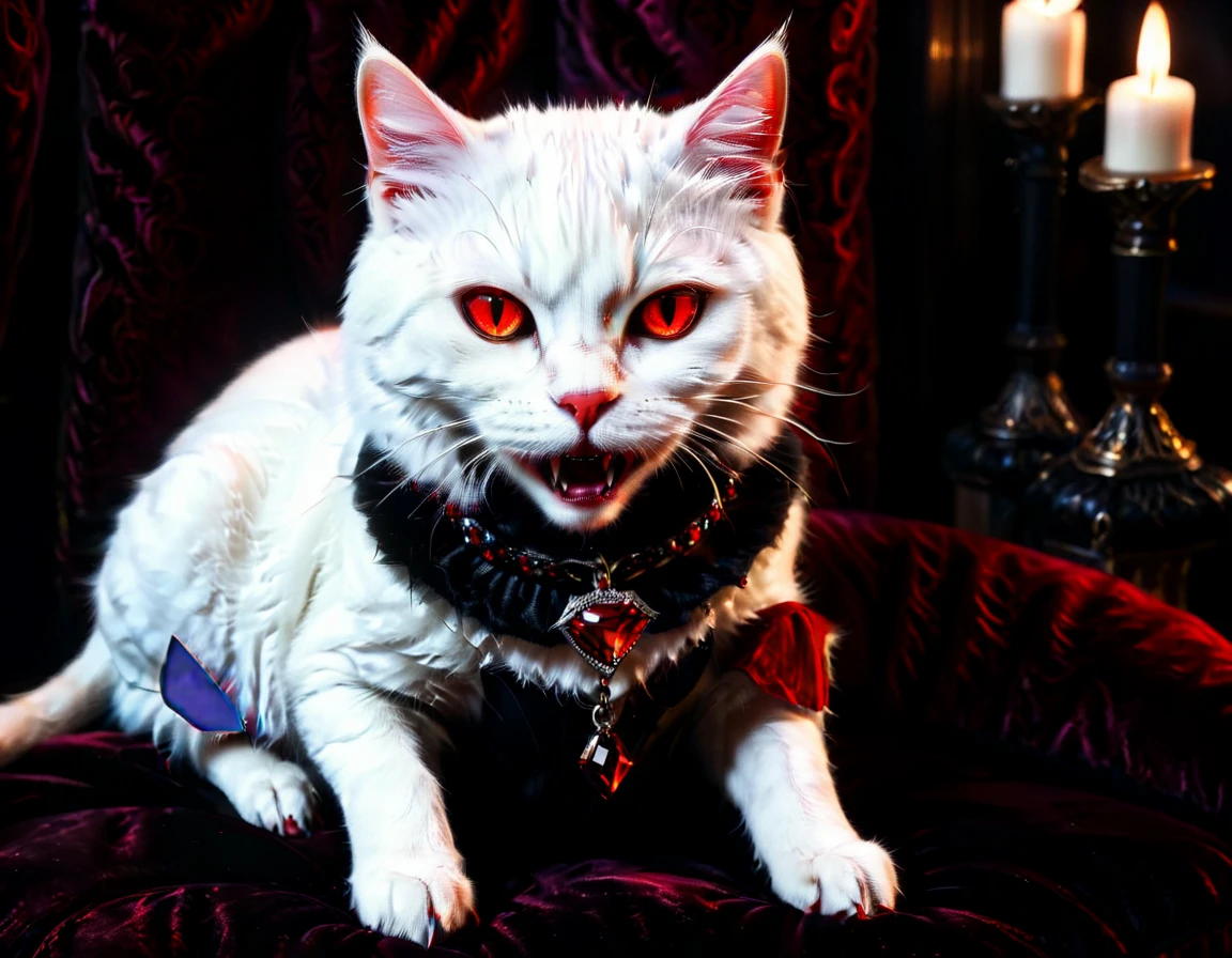 a portrait of vampiric cat, close up portrait of white cat with white fur, shiny fur, red glowing eyes, vampiric feline fangs, he has a red diamond collar, he sits on  a black velvet pillow, intricate detailed pillow, (full body shot: 1.3), dark fantasy library in the background, Ultra-high resolution, High Contrast, (masterpiece:1.5), (anatomically correct: 1.4), highest quality, Best aesthetics), best details, best quality, highres, ultra wide angle, 16k, [ultra detailed], masterpiece, best quality, (extremely detailed), Amber cat eyes, vampire teeth, 