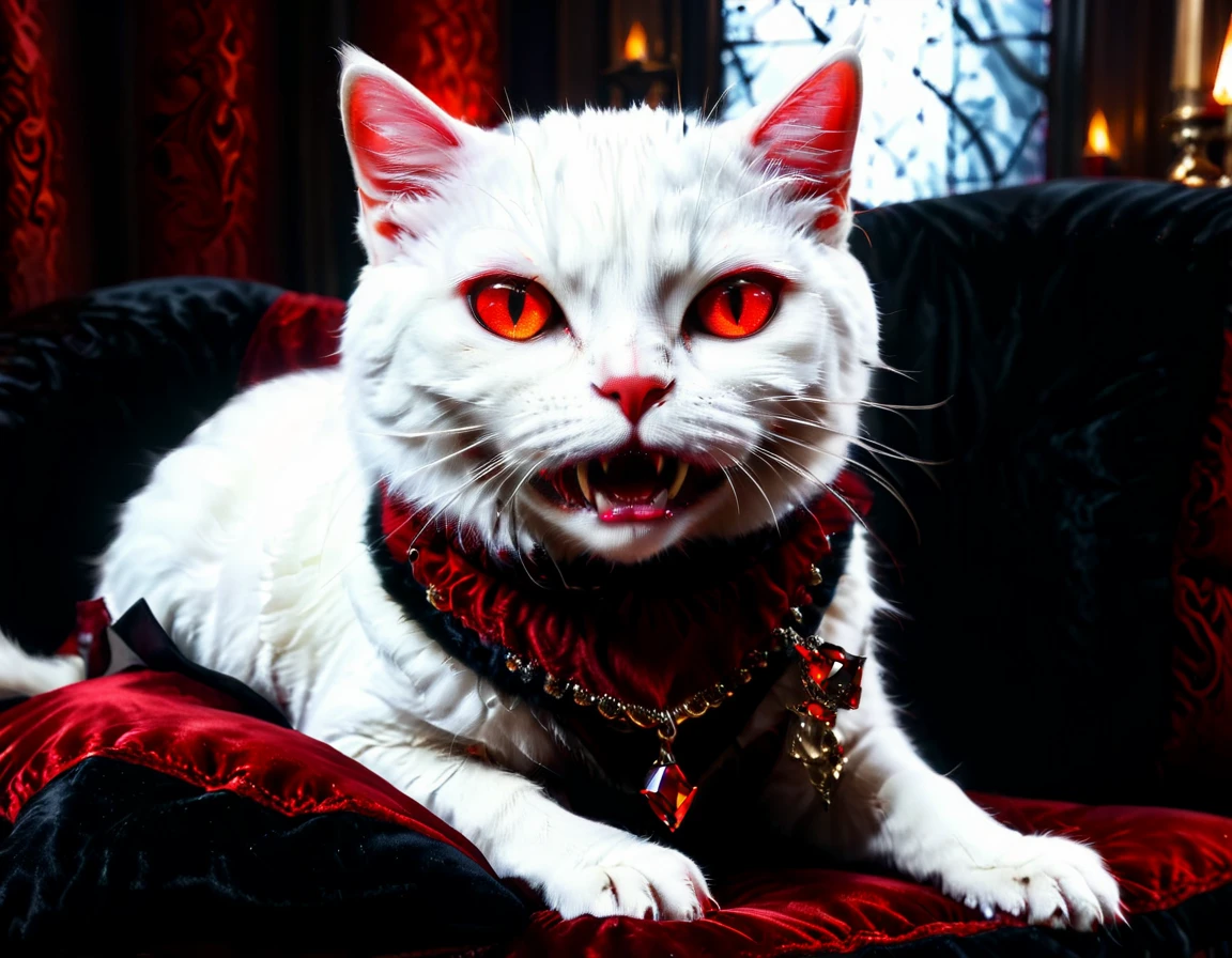 a portrait of vampiric cat, close up portrait of white cat with white fur, shiny fur, red glowing eyes, vampiric feline fangs, he has a red diamond collar, he sits on  a black velvet pillow, intricate detailed pillow, (full body shot: 1.3), dark fantasy library in the background, Ultra-high resolution, High Contrast, (masterpiece:1.5), (anatomically correct: 1.4), highest quality, Best aesthetics), best details, best quality, highres, ultra wide angle, 16k, [ultra detailed], masterpiece, best quality, (extremely detailed), Amber cat eyes, vampire teeth, 