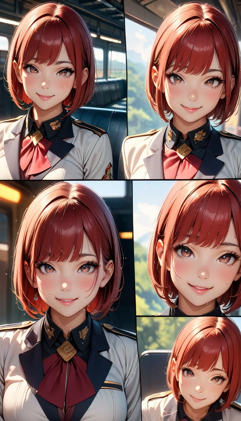 (Highest quality, 8K, 4K, High resolution, masterpiece:1.2), Very detailed, Anime Style:0.9, Realistic, Bright colors, Written boundary depth, Blurred Background, alone, 1 female, (Red Hair, Short Bob, Cut straight、Straight bangs, Dark brown eyes), Beautiful facial details, Beautiful Eyes, Long eyelashes, Soft lips, (Small face), (smile:1.3), Rear View, ((uniform:1.2, )), train, (Sit with your legs apart), Lace Underwear, Big cleavage, Expressions of ecstasy, Sweat, Blushing, My body is soaked, Wet Panties,