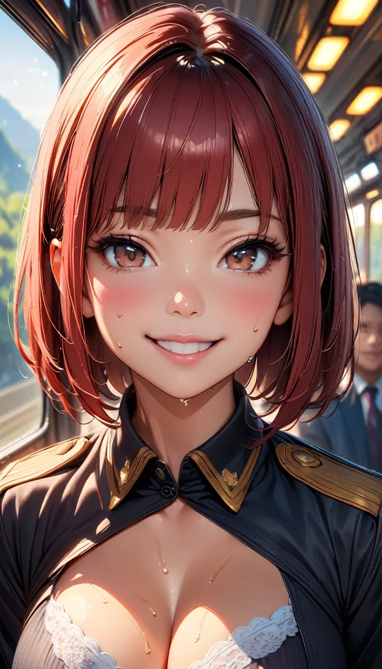 (Highest quality, 8K, 4K, High resolution, masterpiece:1.2), Very detailed, Anime Style:0.9, Realistic, Bright colors, Written boundary depth, Blurred Background, alone, 1 female, (Red Hair, Short Bob, Cut straight、Straight bangs, Dark brown eyes), Beautiful facial details, Beautiful Eyes, Long eyelashes, Soft lips, (Small face), (smile:1.3), Rear View, ((uniform:1.2, )), train, (Sit with your legs apart), Lace Underwear, Big cleavage, Expressions of ecstasy, Sweat, Blushing, My body is soaked, Wet Panties,