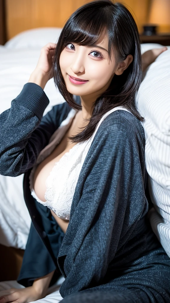 8K、High resolution、masterpiece、(Realistic:1.5)、In detail、Fine texture、High Contrast、alone、high school girl、16 years old、(Young face)、Natural body shape、White skin、Natural Makeup、Black Hair、bangs、Straight Long Hair、(High School Uniform:1.3)、(Beige cardigan)、Roll up your sleeves、(White school shirt with collar)、Blue plaid tie、(Blue plaid pleated skirt:1.3)、、(Big Breasts:1.4)、(Small size pure white panties:1.5)、((The upper body is wearing a uniform:1.3))、Bedroom、On the bed、(White socks)、Full body photo、Focus on the crotch、(Lift up the skirt:1.3)(Sitting with legs apart:1.4)(looking at the camera:1.3)