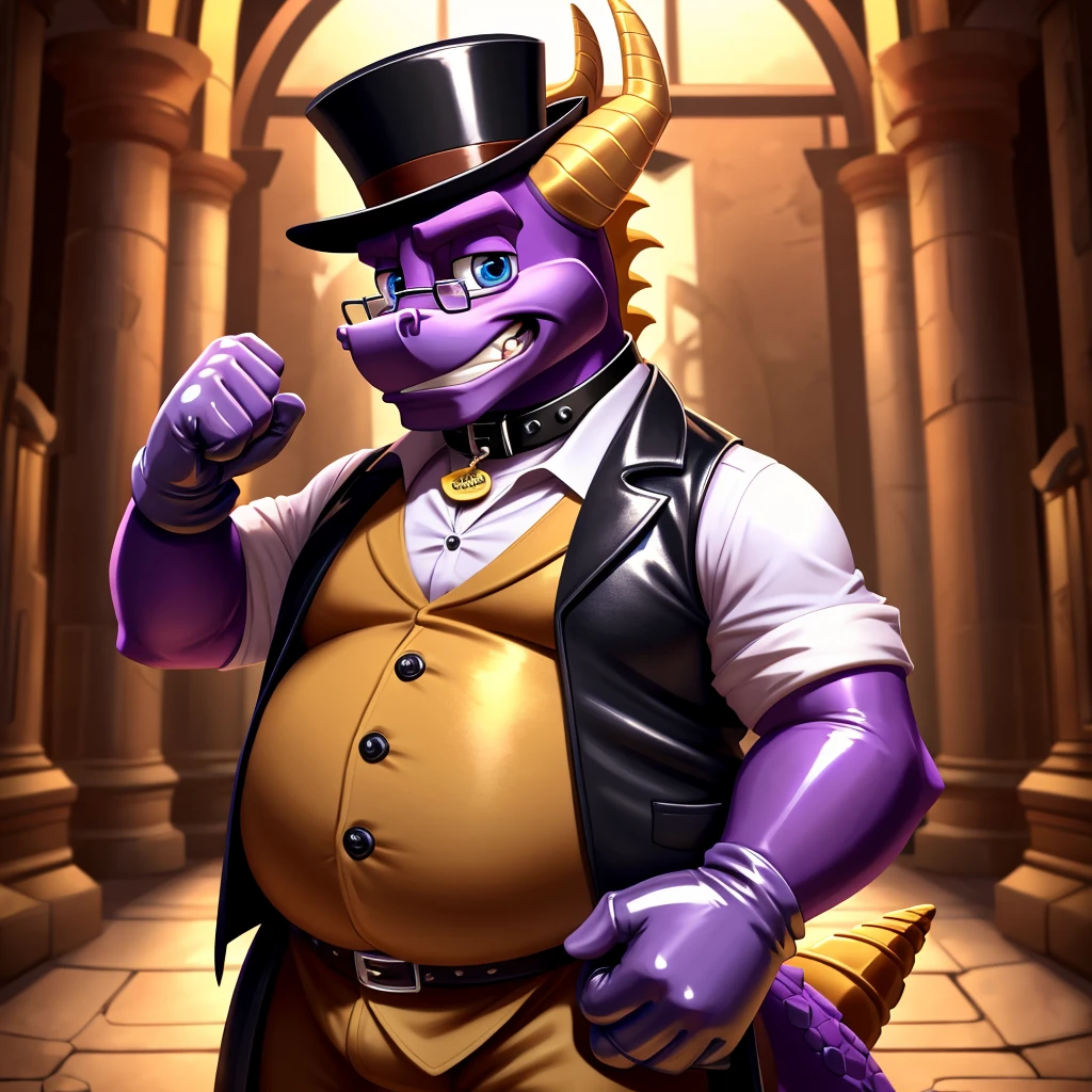 Solo, Male, fat, extremely obese, gentleman, dapper Professor Spyro, blue eyes, (posing:1.3), (soft shading), 4k, hi res, ((detailed face, detailed)), looking at viewer, mouth wide open, steampunk, collared shirt with buttons, top hat, male focus, Explorer Outfit, glasses, monocle, vest with buttons, sleeves rolled up, round eyewear, brown headwear, brown vest, Spyro is wearing a glossy leather dog collar around the neck, Spyro is wearing the leather collar and shirt and vest at the same time, Spyro is wearing glossy white rubber gloves on the hands, wearing white rubber gloves on the feet, gloves are rubber in texture, clenching teeth, clenching fists, leather collar is glossy and shiny with a lot of detail, Spyro is wearing gloves and leather collar at the same time, leather collar has a round dog-tag, leather collar is thick and detailed, leather collar is glossy and shiny, fancy clothing, dapper vest, dapper shirt, leather collar is thick, glossy leather collar.