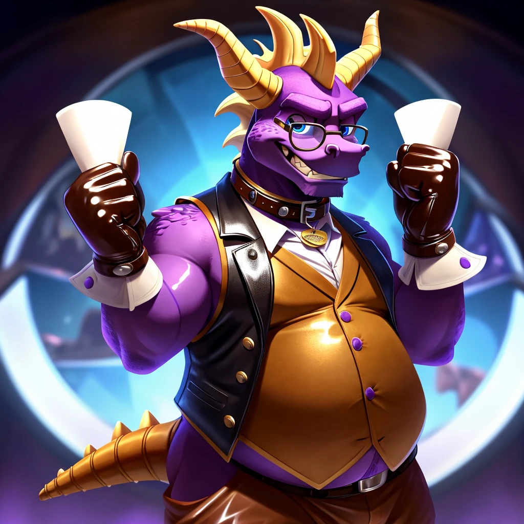 Solo, Male, fat, extremely obese, gentleman, dapper Professor Spyro, blue eyes, (posing:1.3), (soft shading), 4k, hi res, ((detailed face, detailed)), looking at viewer, mouth wide open, steampunk, collared shirt with buttons, top hat, male focus, Explorer Outfit, glasses, monocle, vest with buttons, sleeves rolled up, round eyewear, brown headwear, brown vest, Spyro is wearing a glossy leather dog collar around the neck, Spyro is wearing the leather collar and shirt and vest at the same time, Spyro is wearing glossy white rubber gloves on the hands, wearing white rubber gloves on the feet, gloves are rubber in texture, clenching teeth, clenching fists, leather collar is glossy and shiny with a lot of detail, Spyro is wearing gloves and leather collar at the same time, leather collar has a round dog-tag, leather collar is thick and detailed, leather collar is glossy and shiny, fancy clothing, dapper vest, dapper shirt, leather collar is thick, glossy leather collar.