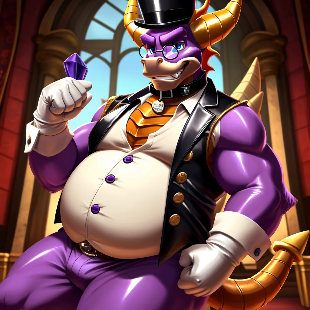 Solo, Male, fat, extremely obese, gentleman, dapper Professor Spyro, blue eyes, (posing:1.3), (soft shading), 4k, hi res, ((detailed face, detailed)), looking at viewer, mouth wide open, steampunk, collared shirt with buttons, top hat, male focus, Explorer Outfit, glasses, monocle, vest with buttons, sleeves rolled up, round eyewear, brown headwear, brown vest, Spyro is wearing a glossy leather dog collar around the neck, Spyro is wearing the leather collar and shirt and vest at the same time, Spyro is wearing glossy white rubber gloves on the hands, wearing white rubber gloves on the feet, gloves are rubber in texture, clenching teeth, clenching fists, leather collar is glossy and shiny with a lot of detail, Spyro is wearing gloves and leather collar at the same time, leather collar has a round dog-tag, leather collar is thick and detailed, leather collar is glossy and shiny, fancy clothing, dapper vest, dapper shirt, leather collar is thick, glossy leather collar.