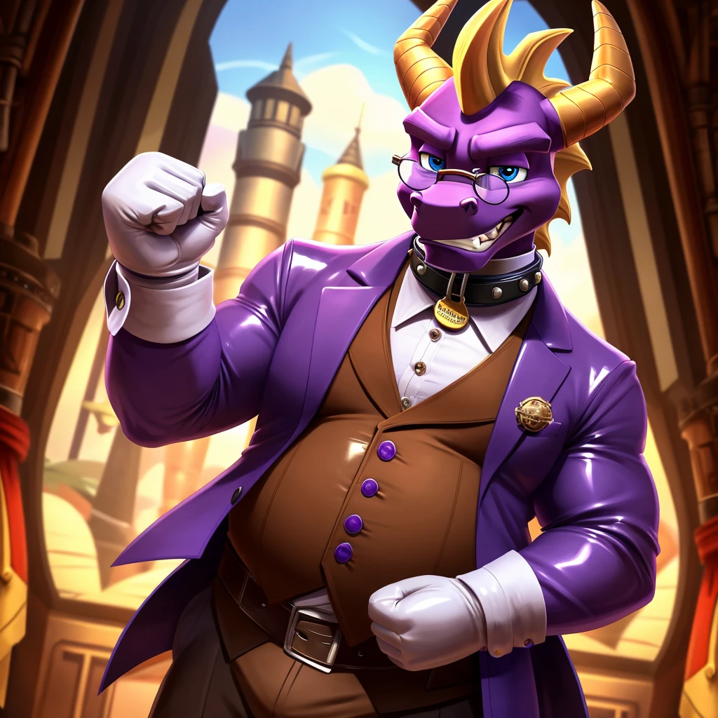 Solo, Male, fat, extremely obese, gentleman, dapper Professor Spyro, blue eyes, (posing:1.3), (soft shading), 4k, hi res, ((detailed face, detailed)), looking at viewer, mouth wide open, steampunk, collared shirt with buttons, top hat, male focus, Explorer Outfit, glasses, monocle, vest with buttons, sleeves rolled up, round eyewear, brown headwear, brown vest, Spyro is wearing a glossy leather dog collar around the neck, Spyro is wearing the leather collar and shirt and vest at the same time, Spyro is wearing glossy white rubber gloves on the hands, wearing white rubber gloves on the feet, gloves are rubber in texture, clenching teeth, clenching fists, leather collar is glossy and shiny with a lot of detail, Spyro is wearing gloves and leather collar at the same time, leather collar has a round dog-tag, leather collar is thick and detailed, leather collar is glossy and shiny, fancy clothing, dapper vest, dapper shirt, leather collar is thick, glossy leather collar.