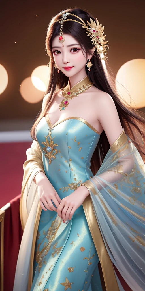 best quality, masterpiece, highres, 1girl, transparent silk china dress, beautiful face, hair ornament, looking at viewer, smile, closed mouth,lips, dress,hair ornament, necklace, jewelry, long hair, earrings, Beautiful face,upon_body, tyndall effect,photorealistic, dark studio, rim lighting, two tone lighting,(high detailed skin:1.2), 8k uhd, dslr, soft lighting, high quality, volumetric lighting, candid, Photograph, high resolution, 4k, 8k, Bokeh