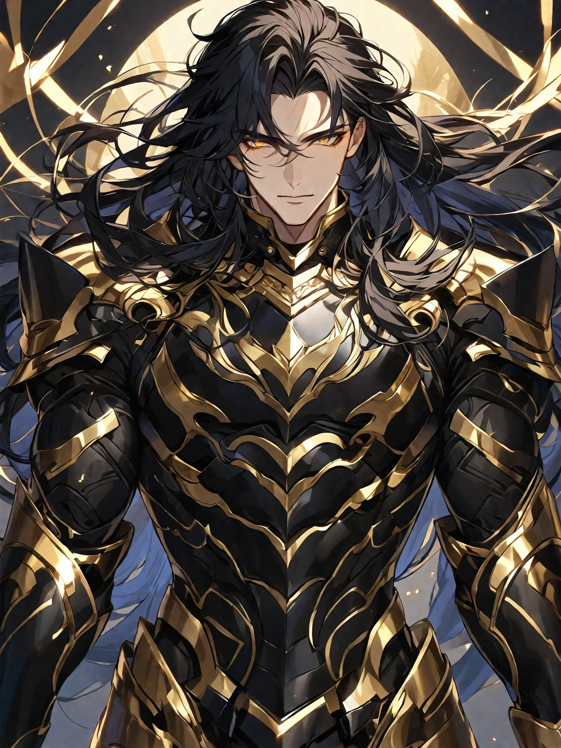 One, handsome, 1 man, with sporty body, V-shaped body, black detailed armor with glowing gold details, long hair, black hair, bright golden eyes, gold threads, dark light