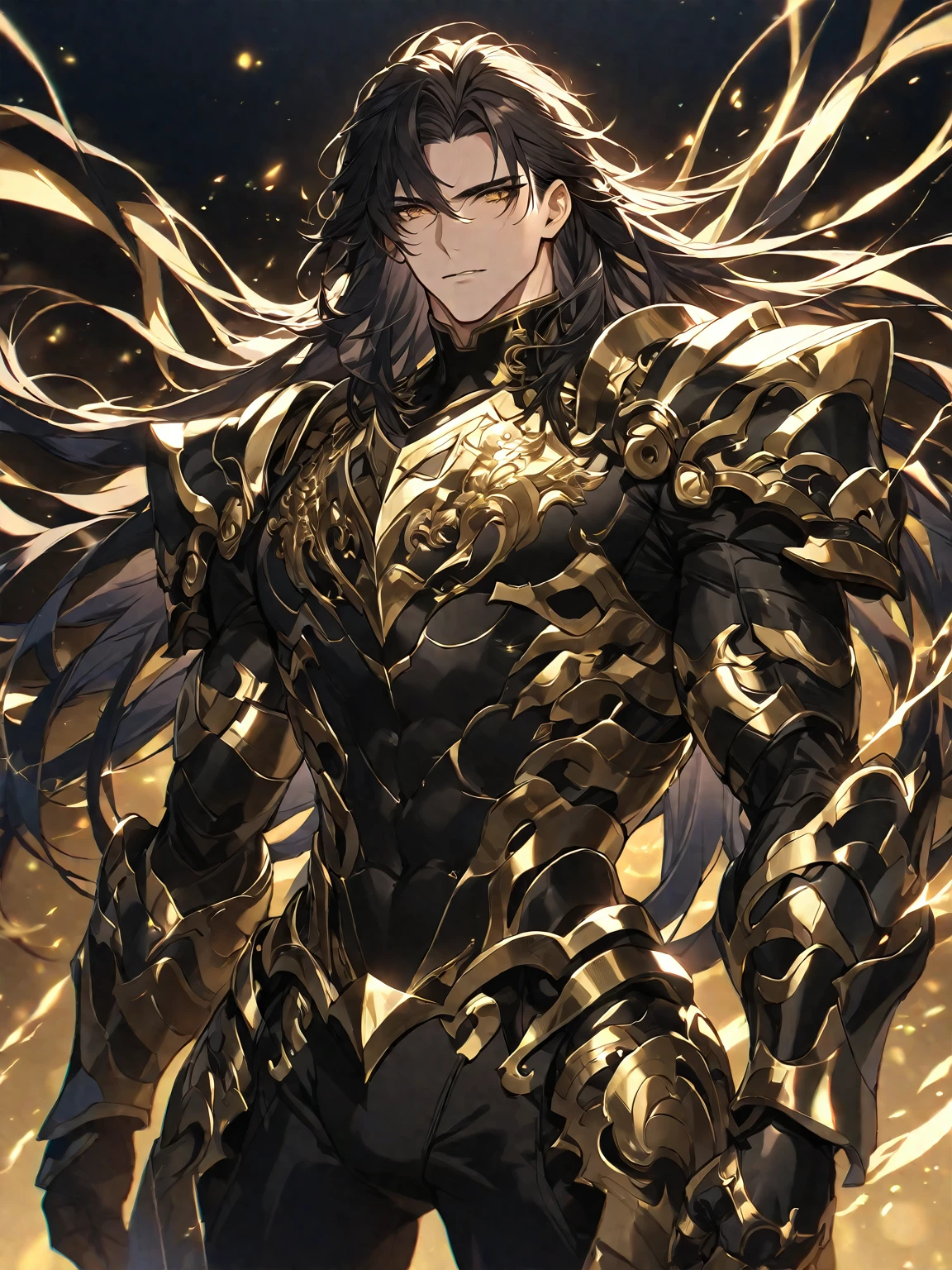 One, handsome, 1 man, with sporty body, V-shaped body, black detailed armor with glowing gold details, long hair, black hair, bright golden eyes, gold threads, dark light