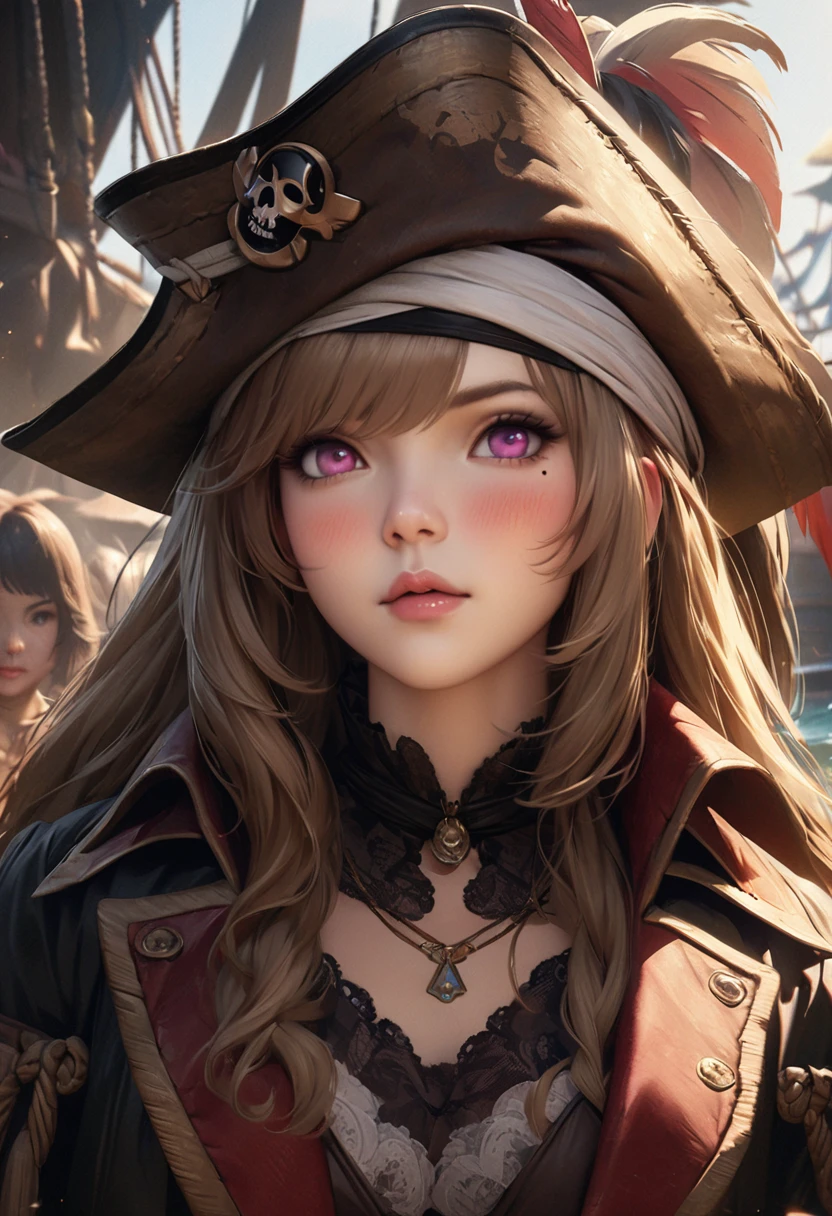 Littlemasterpiece, Best quality, very detailed, A high resolution, A high resolution, A high resolution, 4K, 8 k, unity 8k wallpaper, very detailed CG, masterpiece, realistic, beautiful details, depth, fine texture, Best quality: 1.3, Total concentration, perfect skin, Him, Very cute anime, female pirate, Pirate Costume, Pirate Ship, whole body, Mole under the eye, look, high, blush, lips parted, his art, pink eyes, necklace