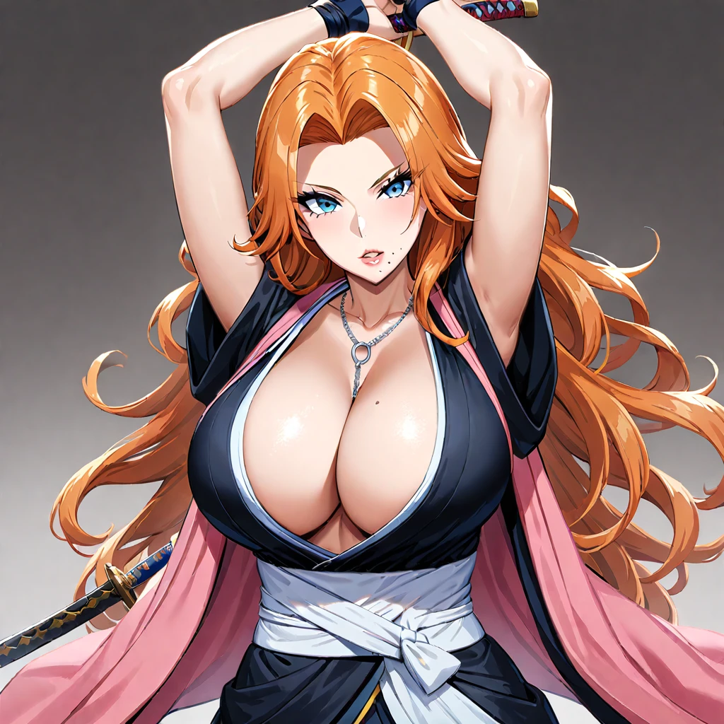 1girl, matsumoto rangiku, breasts, arms up, long hair, cleavage, solo, orange hair, mole under mouth, mole, huge breasts, lips, japanese clothes, blue eyes, looking at viewer, parted lips, sword, no bra, weapon, sash, ((medium quality)), ((medium quality))