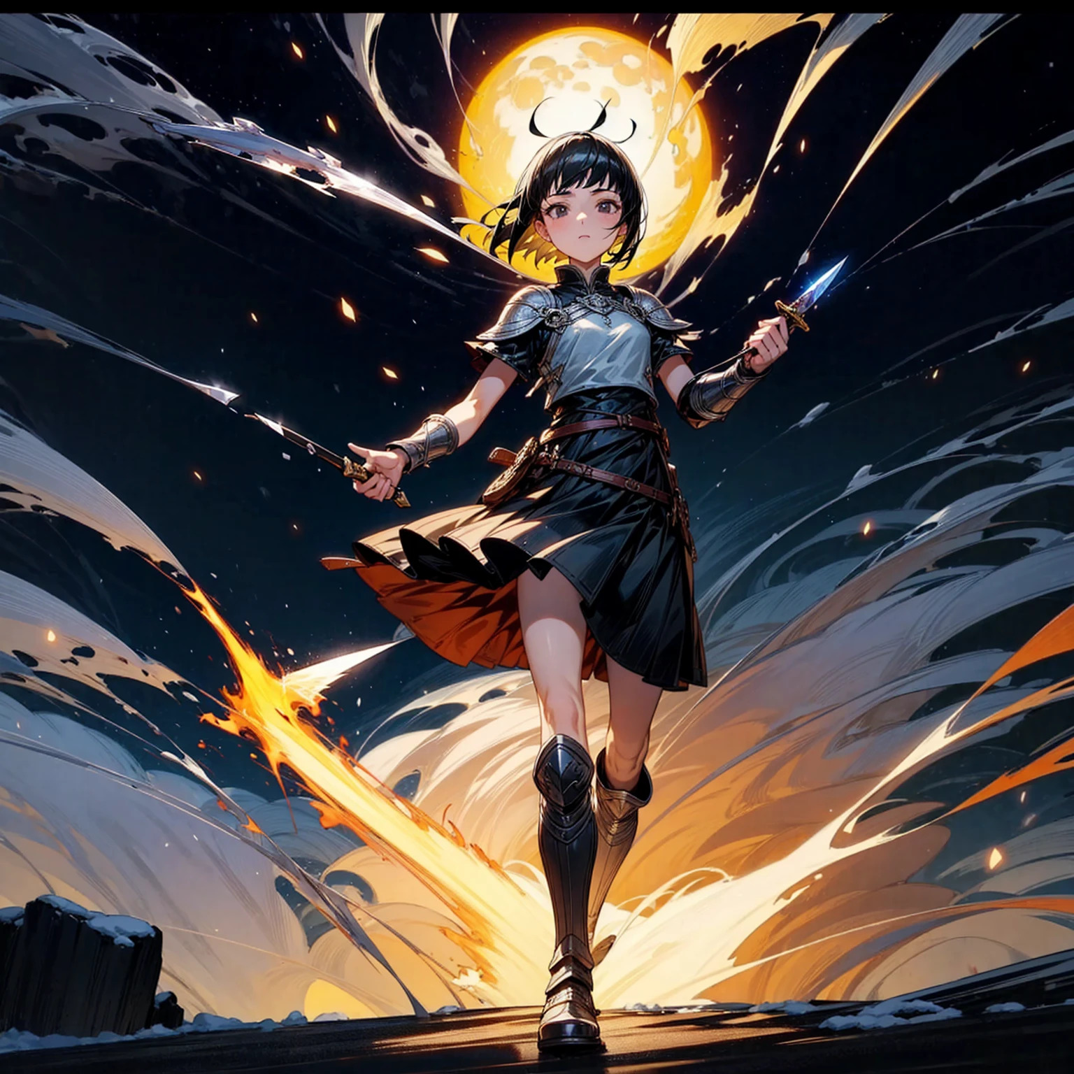 1girl, Full body version, 1character, girl version, black eyes color, short haircut, black colour hair, Ancient Roman style clothing, long skirt, ling boots, small armor body, Grassroots, background in snow, motion blur, (one piece style art), snow, knife in hand, standing gesture, fire, lighting knife, smoke effect, aura effect, lighting moon, Moonlight, fire aura, snow, blue lightning, Silhouette, knife light silhouette, moon