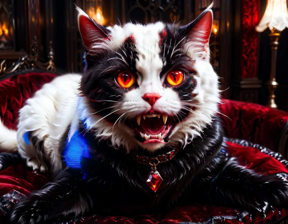 a portrait of vampiric cat, close up portrait of white cat with white fur, shiny fur, red glowing eyes, vampiric feline fangs, he has a red diamond collar, he sits on  a black velvet pillow, intricate detailed pillow, (full body shot: 1.3), dark fantasy library in the background, Ultra-high resolution, High Contrast, (masterpiece:1.5), (anatomically correct: 1.4), highest quality, Best aesthetics), best details, best quality, highres, ultra wide angle, 16k, [ultra detailed], masterpiece, best quality, (extremely detailed), Amber cat eyes, vampire teeth, 