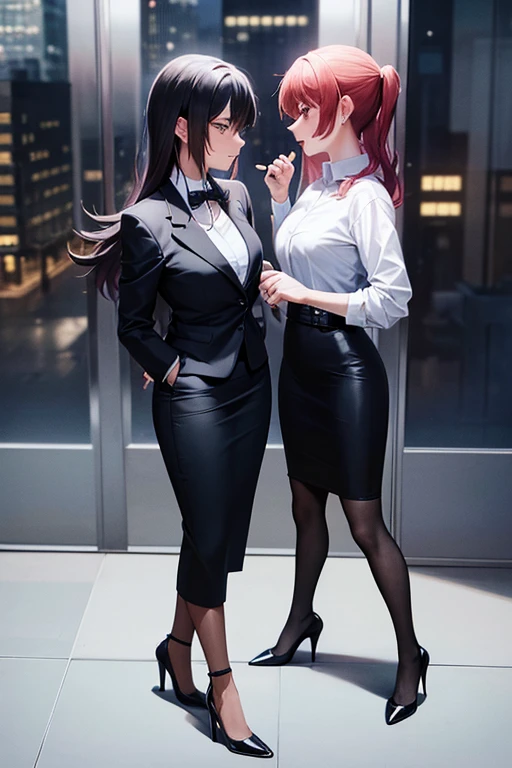 best quality, 2girl, beautiful angry business women looking at each other, yelling at each other, arguing, black business suit, black midi pencil skirt, black blazer, heels, full body, long hair, medium hair, office building, window