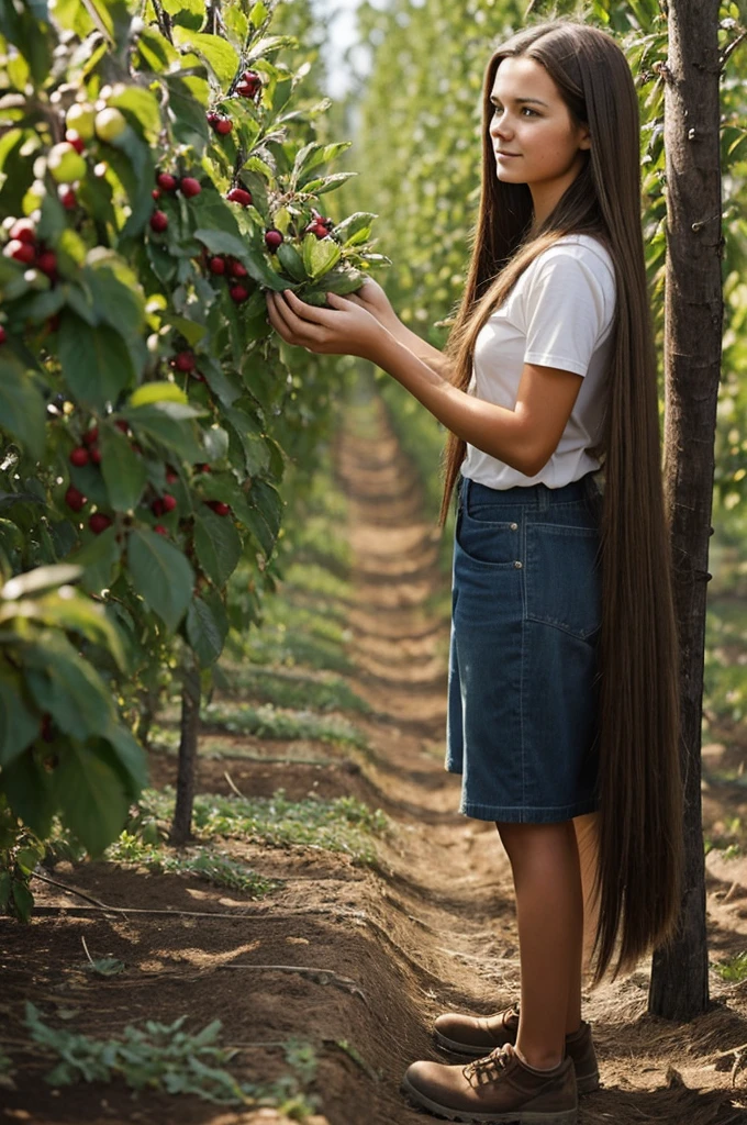 Women, long hair, straight, Brown. Working in agriculture, cabin, fruit trees, earth slope.