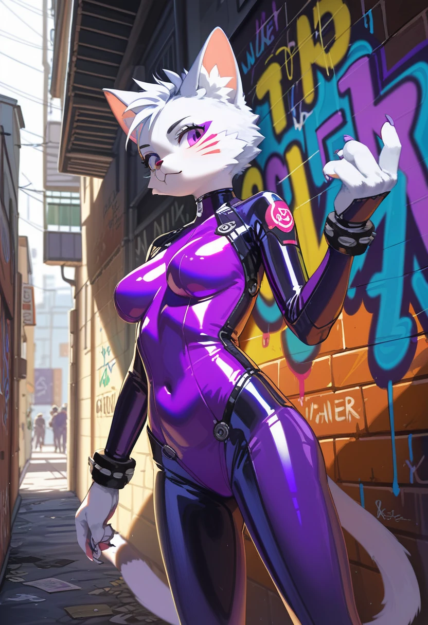 animation, Highest quality, Highest quality, High quality illustrations, masterpiece, Ultra-high resolution, Detailed Background, Alley, Graffiti art on the wall, Absurd, Perfect Anatomy, performance, Good lighting, Shadows in the movies(kemono, Furry PersonifiCation), Cat, White Skin, Purple Rubber Suit, latex, neon, neonライト, neonカラー, Bodysuits, Cyber Suit, cyber punk