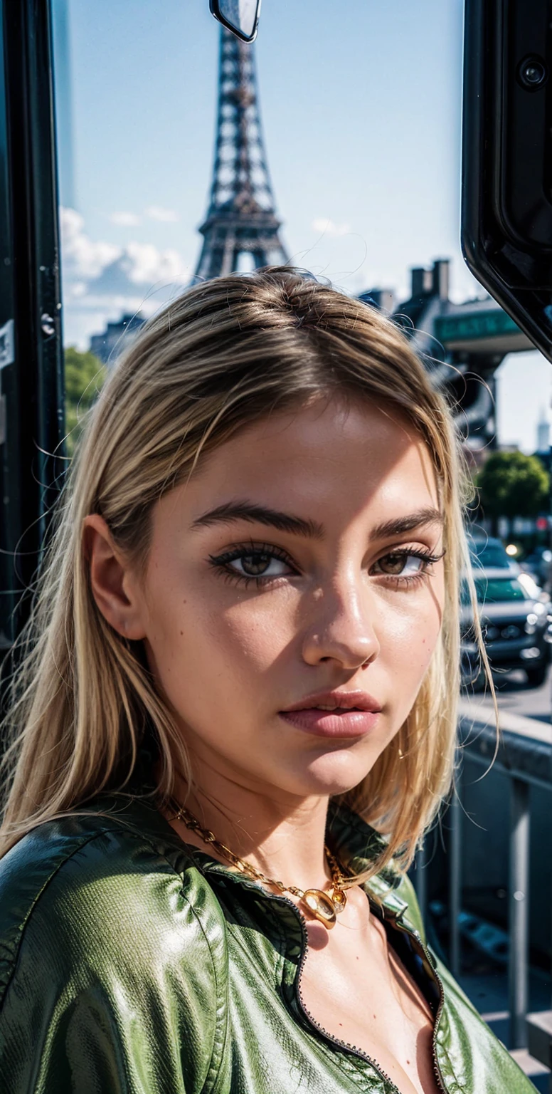 close-up of a stunning fashion model, ultra-realistic, portrait, shot on a Sony A7III, high quality --ar 35:64 --stylize 250.                                Young Beautiful women, White Skin, Caucasian, Blond Hair, green eye, 19 years old, Quality Skin, Pony tail , Freckles, Glowing Hair,                     Slender, Detailed face, Detailed eye,                                                                                                                                                                          She is wearing a white traditional dress with a golden necklace, light smile, She is sitting at a open air coffee shop in Paris, French infrastructure, Eifel Tower, little to no traffic. 