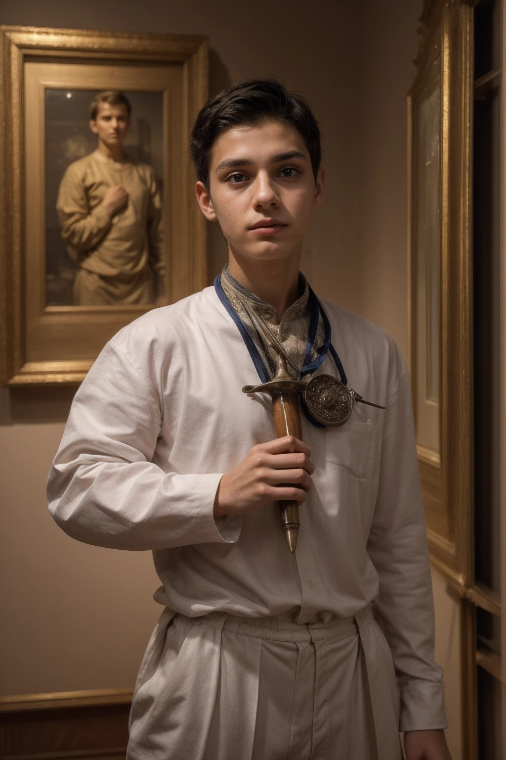 A young male twink with a make-up face and black hair. He is wearing a white long-sleeved shirt and brown pants. He is in the Museum of Medicine, with medical items behind him, and he has a long double-headed sword in his hand, looking in amazement.