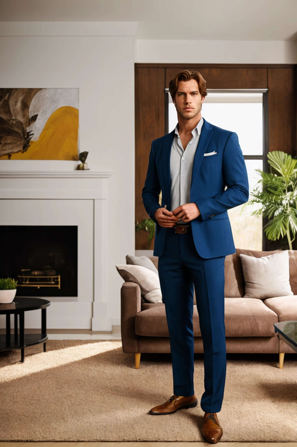 full body, Realistic photo of solo handsome men ,Standing In living room