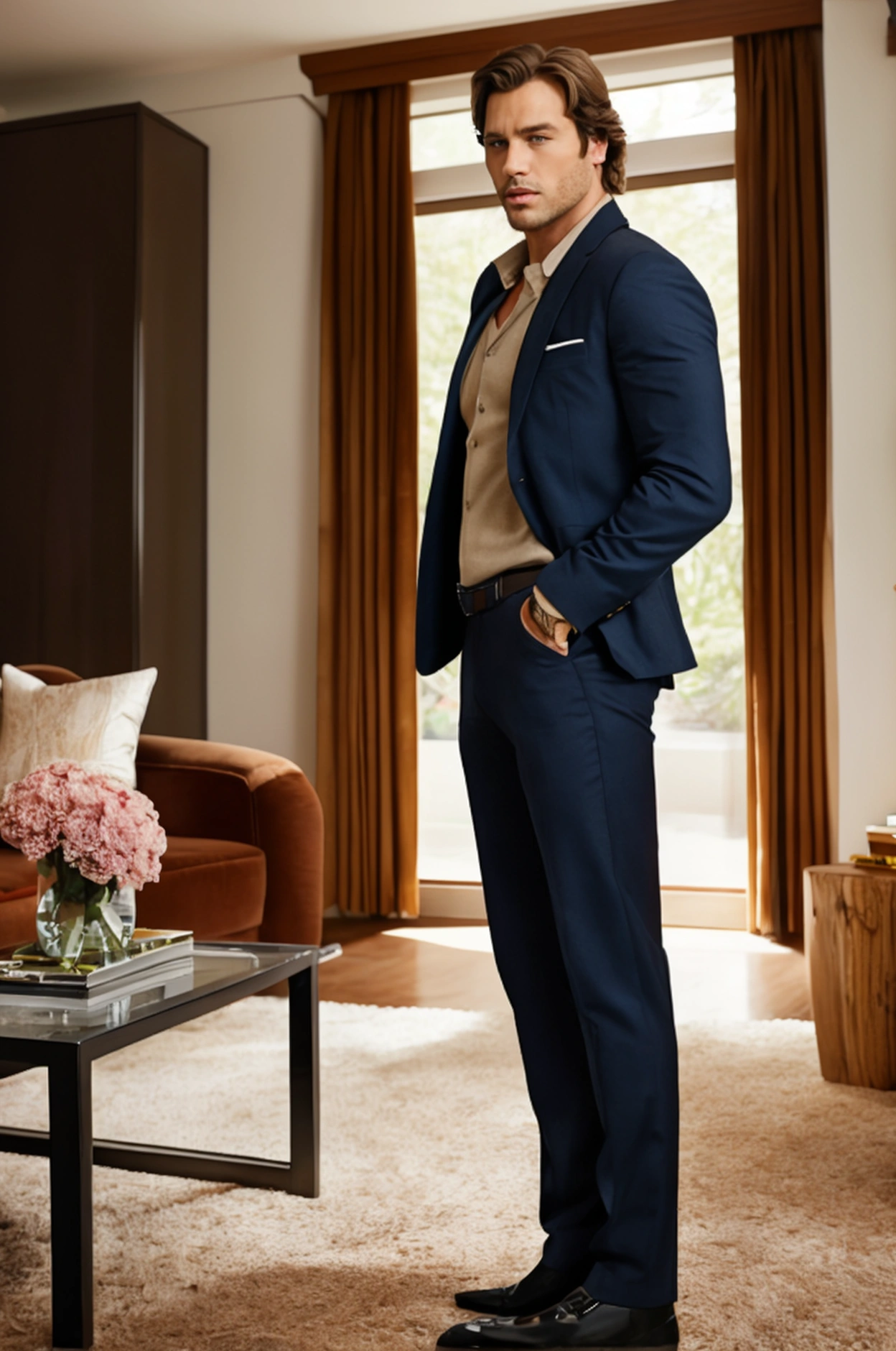 full body, Realistic photo of solo handsome men ,Standing In living room