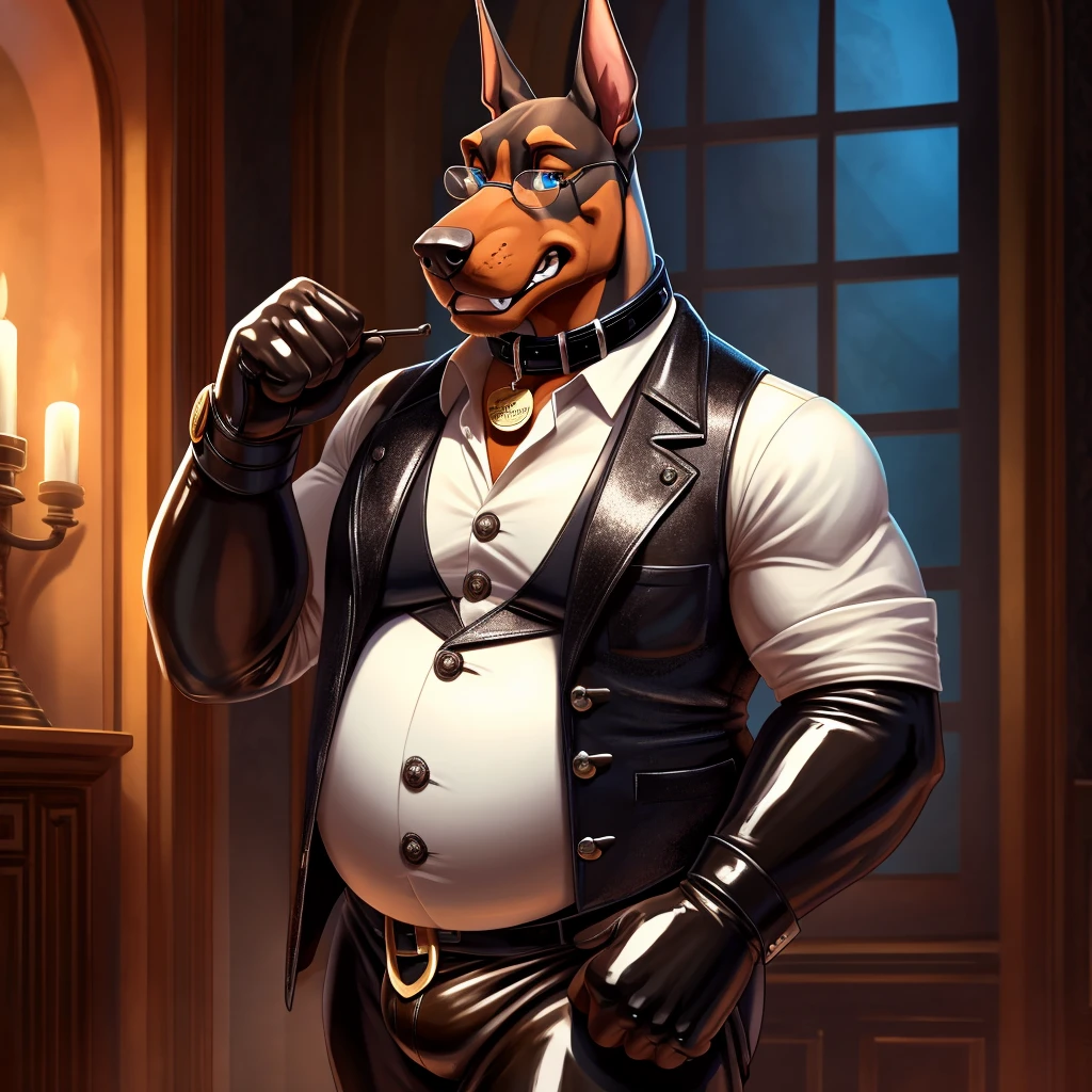 Solo, Male, fat, extremely obese, gentleman, dapper Professor Doberman, blue eyes, (posing:1.3), (soft shading), 4k, hi res, ((detailed face, detailed)), looking at viewer, mouth wide open, steampunk, collared shirt with buttons, top hat, male focus, Explorer Outfit, glasses, monocle, vest with buttons, sleeves rolled up, round eyewear, brown headwear, brown vest, Doberman is wearing a glossy leather dog collar around the neck, Doberman is wearing the leather collar and shirt and vest at the same time, Doberman is wearing glossy white rubber gloves on the hands, wearing white rubber gloves on the feet, gloves are rubber in texture, clenching teeth, clenching fists, leather collar is glossy and shiny with a lot of detail, Doberman is wearing gloves and leather collar at the same time, leather collar has a round dog-tag, leather collar is thick and detailed, leather collar is glossy and shiny, fancy clothing, dapper vest, dapper shirt, leather collar is thick, glossy leather collar.