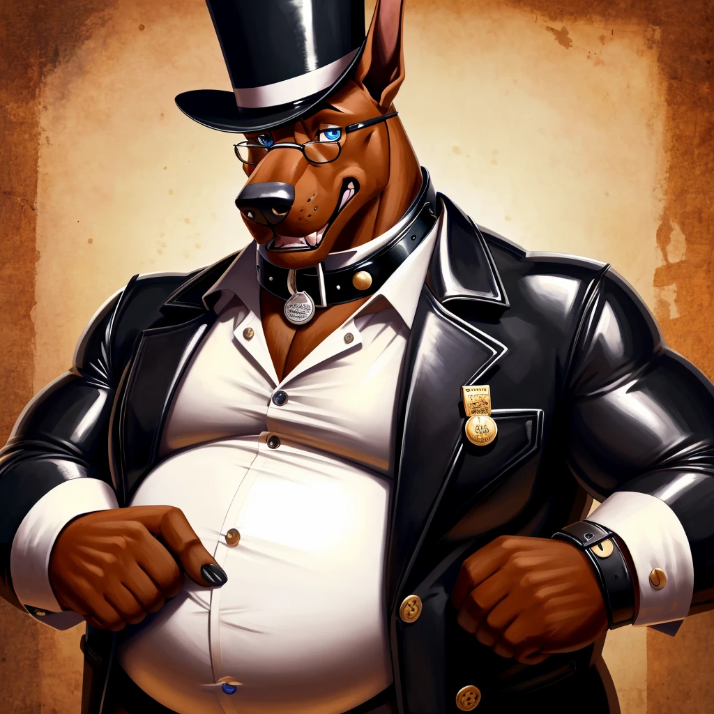 Solo, Male, fat, extremely obese, gentleman, dapper Professor Doberman, blue eyes, (posing:1.3), (soft shading), 4k, hi res, ((detailed face, detailed)), looking at viewer, mouth wide open, steampunk, collared shirt with buttons, top hat, male focus, Explorer Outfit, glasses, monocle, vest with buttons, sleeves rolled up, round eyewear, brown headwear, brown vest, Doberman is wearing a glossy leather dog collar around the neck, Doberman is wearing the leather collar and shirt and vest at the same time, Doberman is wearing glossy white rubber gloves on the hands, wearing white rubber gloves on the feet, gloves are rubber in texture, clenching teeth, clenching fists, leather collar is glossy and shiny with a lot of detail, Doberman is wearing gloves and leather collar at the same time, leather collar has a round dog-tag, leather collar is thick and detailed, leather collar is glossy and shiny, fancy clothing, dapper vest, dapper shirt, leather collar is thick, glossy leather collar.