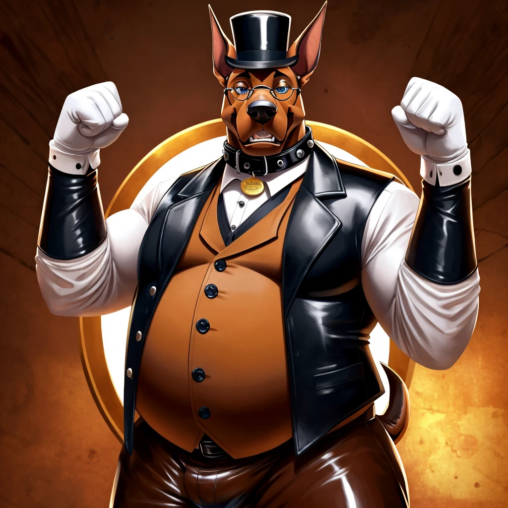 Solo, Male, fat, extremely obese, gentleman, dapper Professor Doberman, blue eyes, (posing:1.3), (soft shading), 4k, hi res, ((detailed face, detailed)), looking at viewer, mouth wide open, steampunk, collared shirt with buttons, top hat, male focus, Explorer Outfit, glasses, monocle, vest with buttons, sleeves rolled up, round eyewear, brown headwear, brown vest, Doberman is wearing a glossy leather dog collar around the neck, Doberman is wearing the leather collar and shirt and vest at the same time, Doberman is wearing glossy white rubber gloves on the hands, wearing white rubber gloves on the feet, gloves are rubber in texture, clenching teeth, clenching fists, leather collar is glossy and shiny with a lot of detail, Doberman is wearing gloves and leather collar at the same time, leather collar has a round dog-tag, leather collar is thick and detailed, leather collar is glossy and shiny, fancy clothing, dapper vest, dapper shirt, leather collar is thick, glossy leather collar.