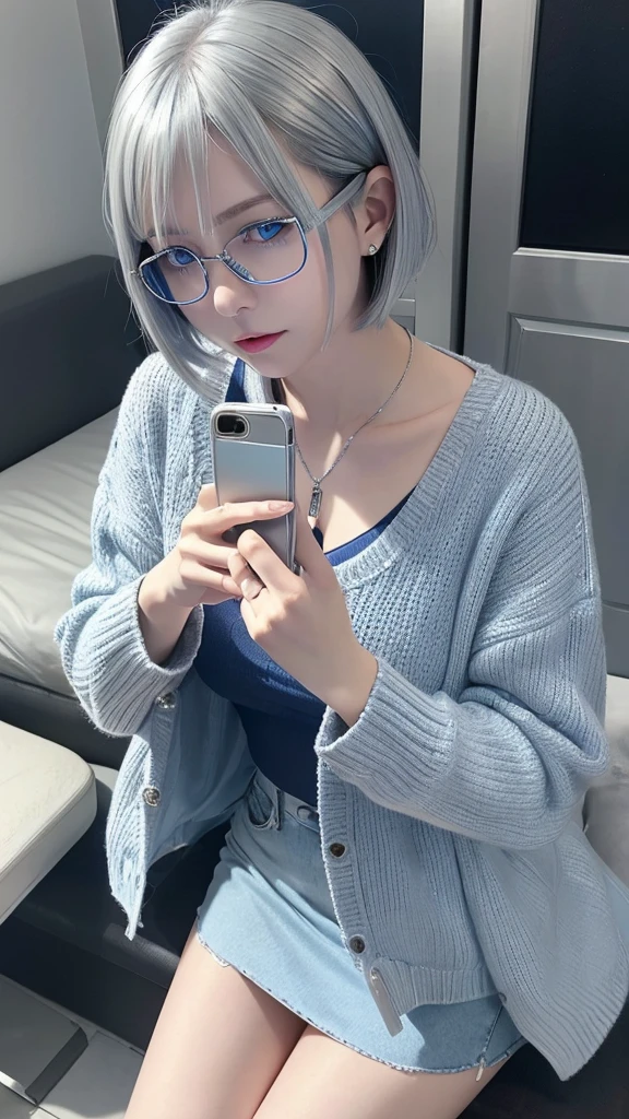 ((Bluish silver bob hair))) Square frame glasses, (((shining blue eyes))), (medium chest), (on her knees), with her smartphone on, a girl trembling with despair