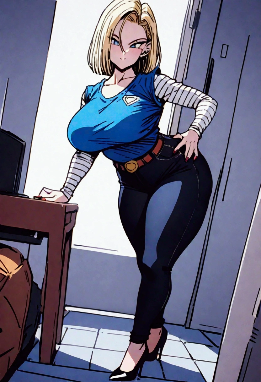 android 18 from dragon balll, curvy,using heels , 4k, masterpiece