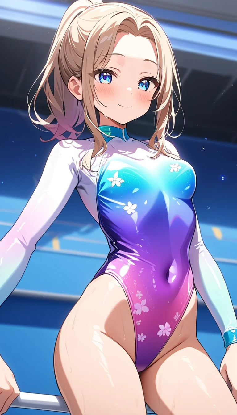 highquality illustration, masterpiece, very delicate and beautiful, attractive girl,(gymnastics leotard, Floral patterns leotard,long sleeve leotard with glittery decoration,high_leg leotard,athletic leotard,tight-fit leotard,iridescent gradient leotard,long-sleeve leotard),thin,slender body,slim,high school,gymnasium background,gymnastics club,gymnastics athlete,princess, beautiful eyes,light smile,(masterpiece, best quality:1.2), highres, extremely detailed CG unity 8k wallpaper, perfect lighting, Colourful, ultra-high res,4K,ultra-detailed, photography, 8K, HDR, 17 ages,cowboy shot,