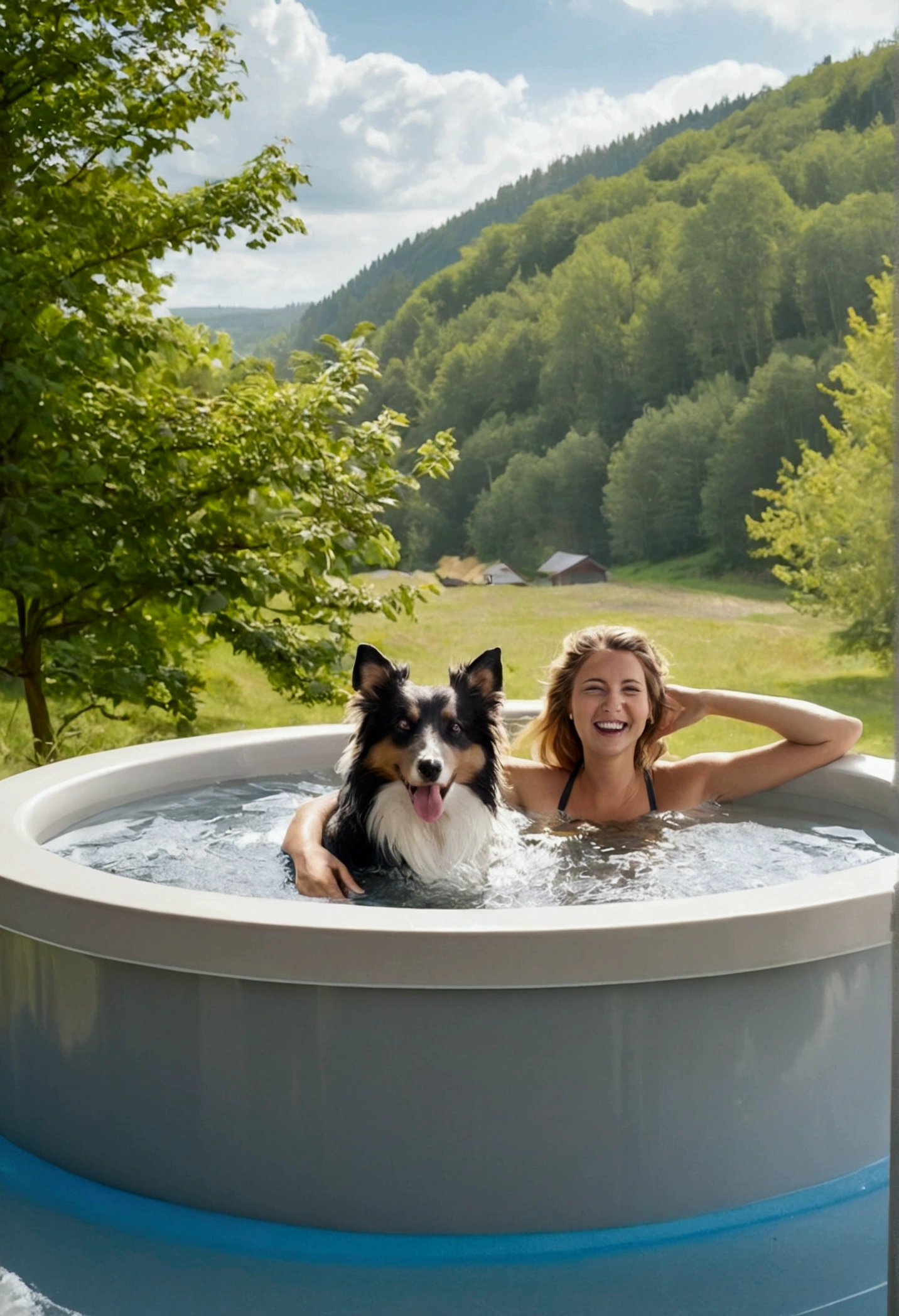 happy woman and man relaxing in a whirlpool in front of a modern cottage surrounded by trees and hills in the background. Next to the whirlpool is a dog gold Shetland Sheepdog laughing at the camera. The image radiates an atmosphere of relaxation and well-being. Bright summer sunny day.
Waiting to start