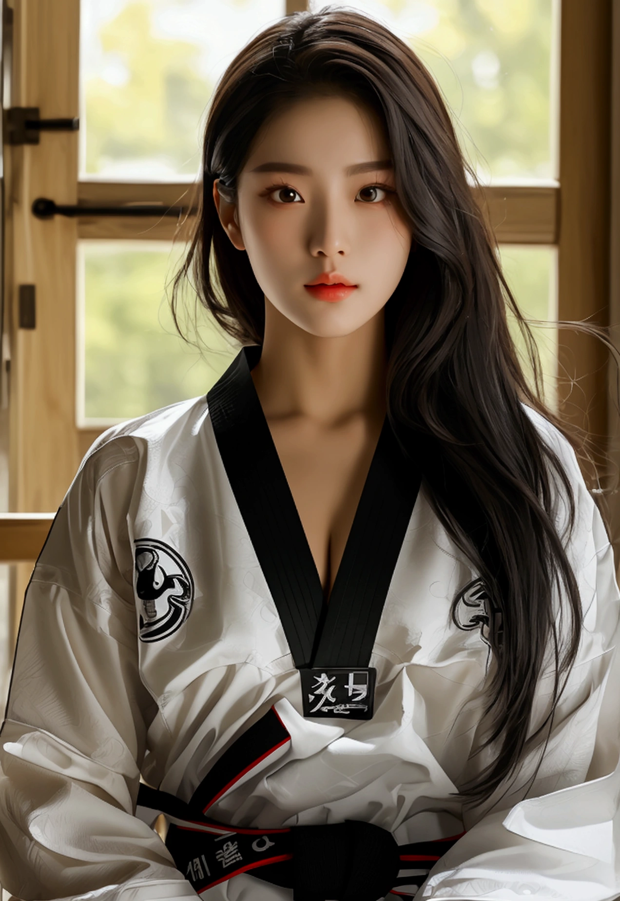 masterpiece, ultra details, best quality, 1 sexy korean taekwondo girl, masterpiece, ultra details, best quality, black long straight hair, wearing white World Taekwondo Federation dobok uniform with black v-neck, wearing taekwondo blackbelt, wearing white martial arts pants without pockets, large butt, large breasts, sweat on face
