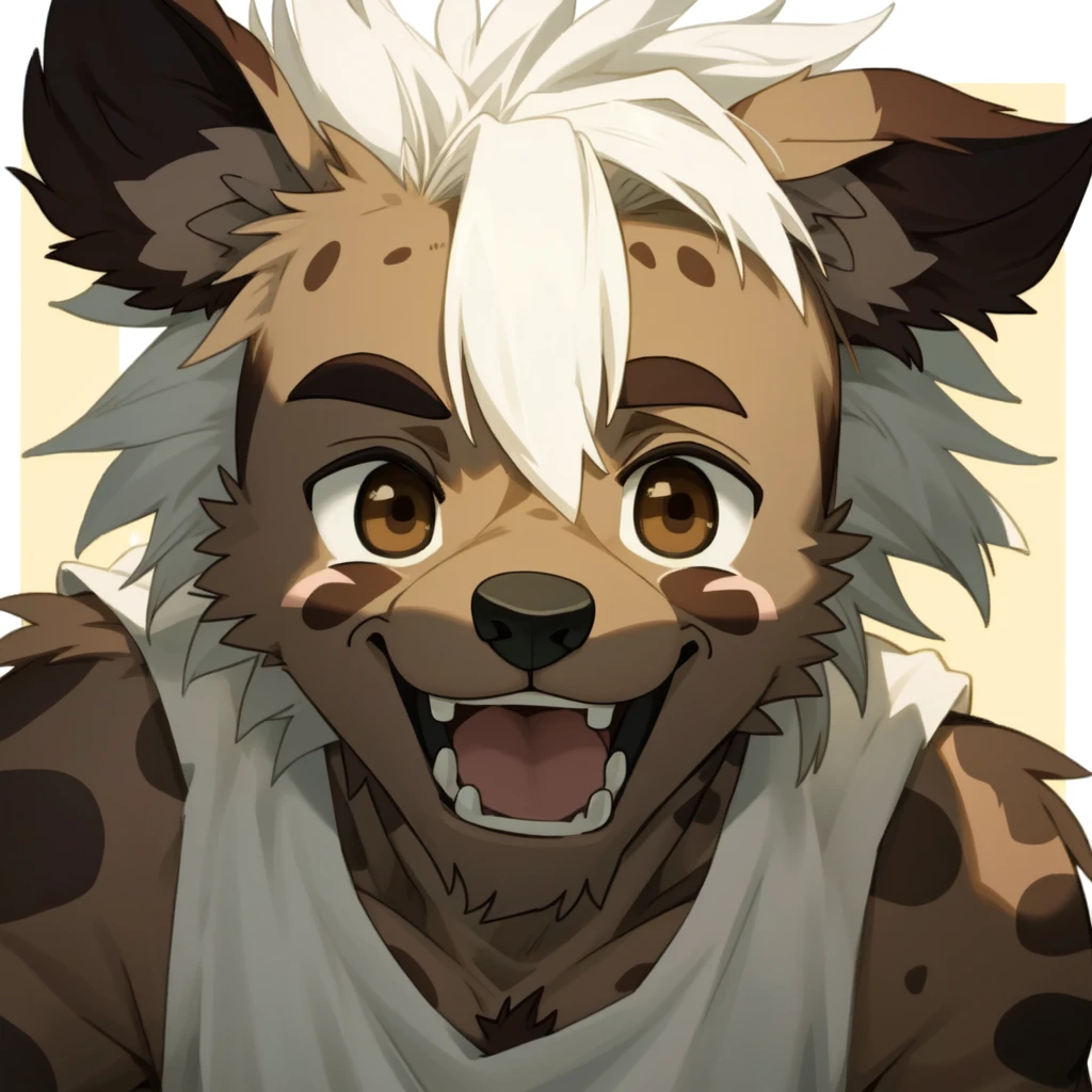 male, anthropology, hairy, Spotted hyena, White hair, Brown eyes, No underwear, Easy masterpiece,Solitary,Cartoon Character,child,Close-up of face,laughing out loud