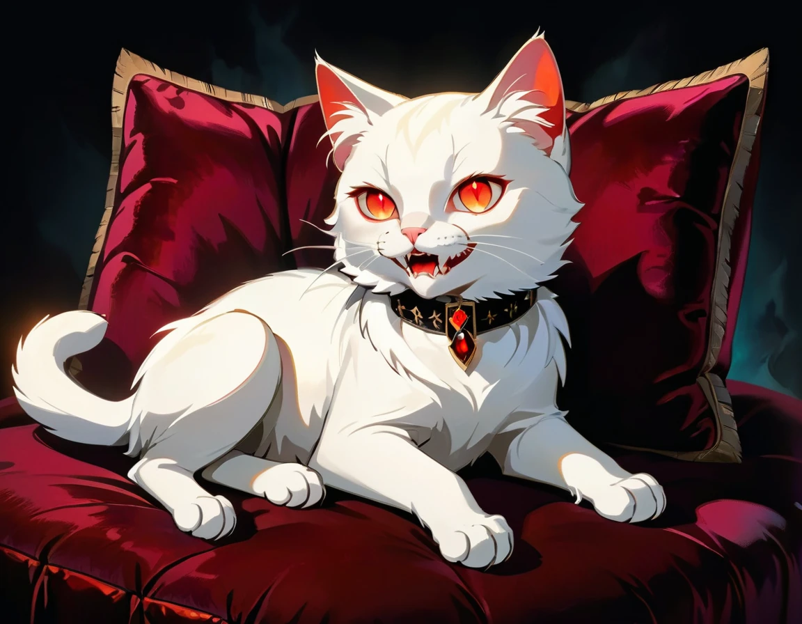 a portrait of vampiric cat, close up portrait of white cat with white fur, shiny fur, red glowing eyes, vampiric feline fangs, he has a red diamond collar, he sits on  a black velvet pillow, intricate detailed pillow, (full body shot: 1.3), dark fantasy library in the background, Ultra-high resolution, High Contrast, (masterpiece:1.5), (anatomically correct: 1.4), highest quality, Best aesthetics), best details, best quality, highres, ultra wide angle, 16k, [ultra detailed], masterpiece, best quality, (extremely detailed), Amber cat eyes, vampire teeth, 