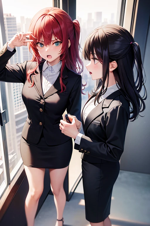 best quality, 2girl, beautiful angry business women looking at each other, yelling at each other, arguing, throwing hands, black business suit, black midi pencil skirt, black blazer, heels, full body, long hair, medium hair, office building, window