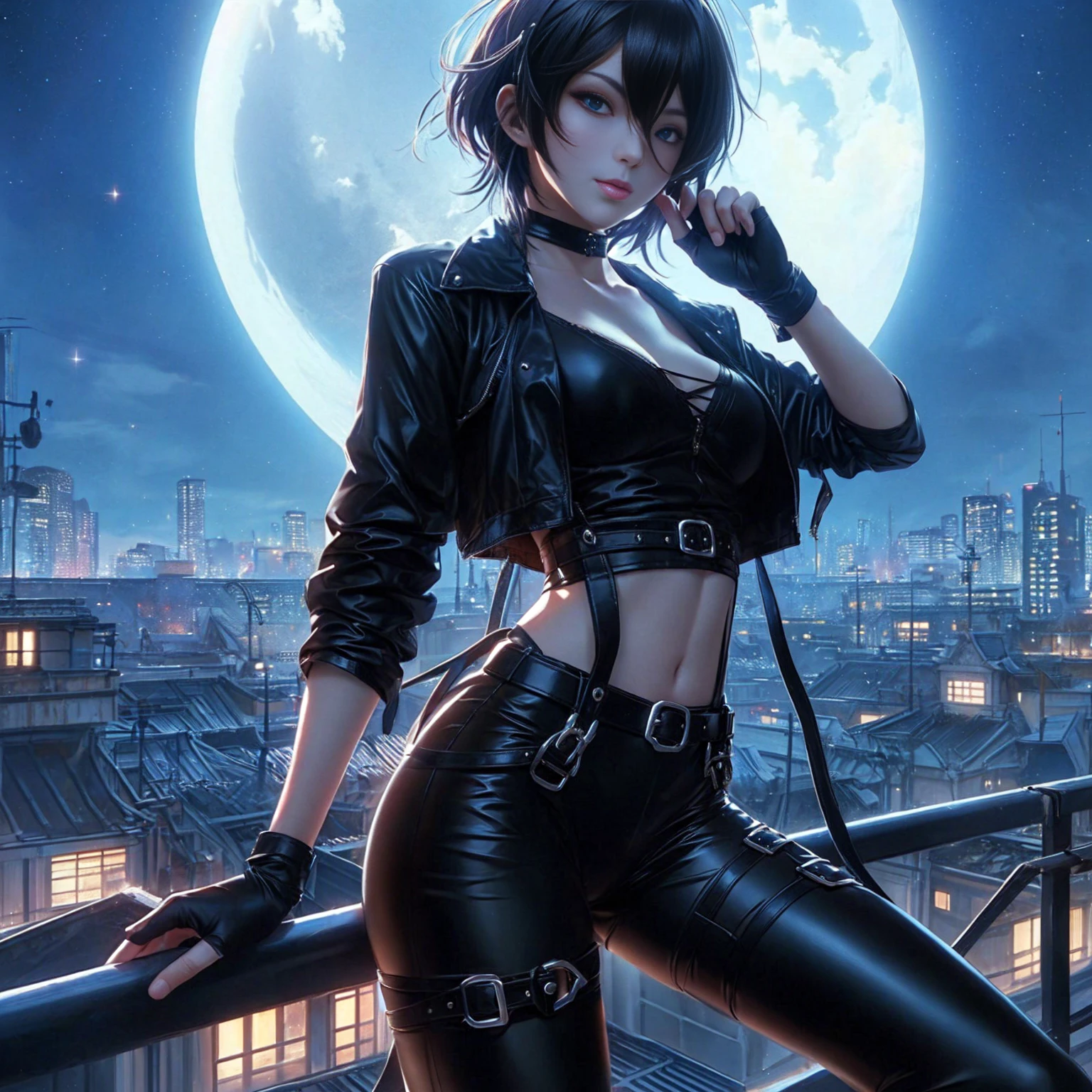 Woman in tight black leather outfit , beautiful , tights , thigh , ดวงตาbeautiful , realistic anime