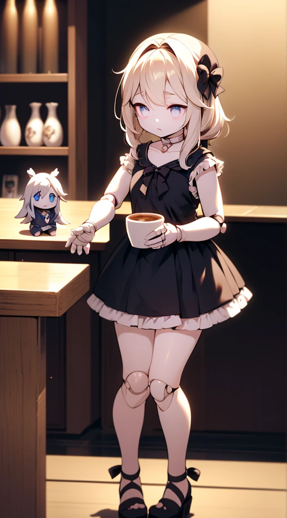 Doll girl，Puppet joints，Globular joints，Puppet joints，Puppet joints，Puppet Expression，Dull expression，Eyes without highlights，Lifeless eyes，Stiff eyes，Stiff movements，Cafe scene，Interior scene，裸露arm，knee，arm，thigh