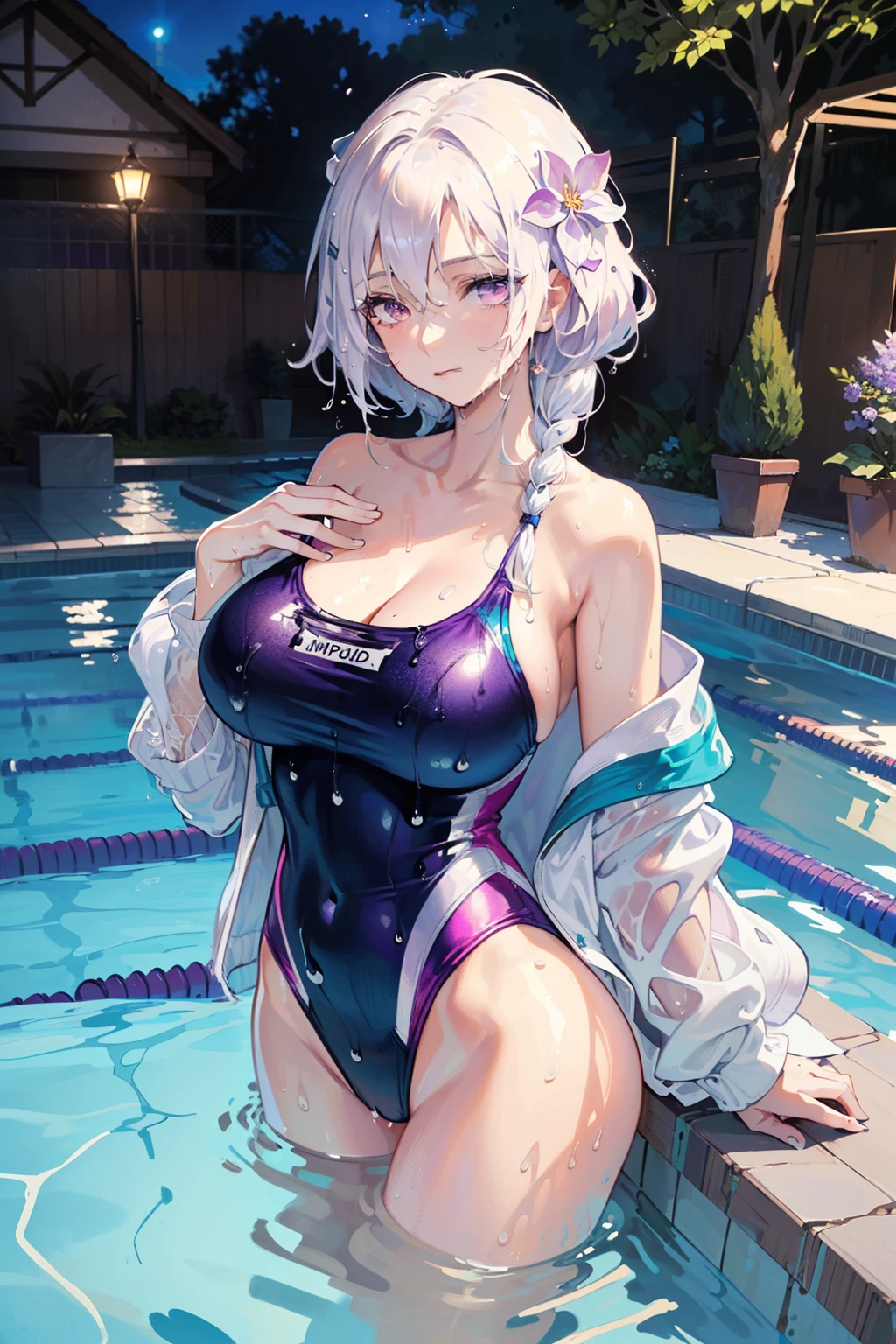 (best quality:1.3), (masterpiece:1.3), (illustration:1.3), (ultra-detailed:1.3), 1girl, (((large breasts))), (((purple eyes))), (((white hair))), hair ornaments, tall, mature, long hair, ((swimming pool, one-piece swimsuit, off-shoulder jacket, wet, submerged,)) purple flowers, hair ornament, french braids, nice hands, perfect hands, mature, low ponytail,