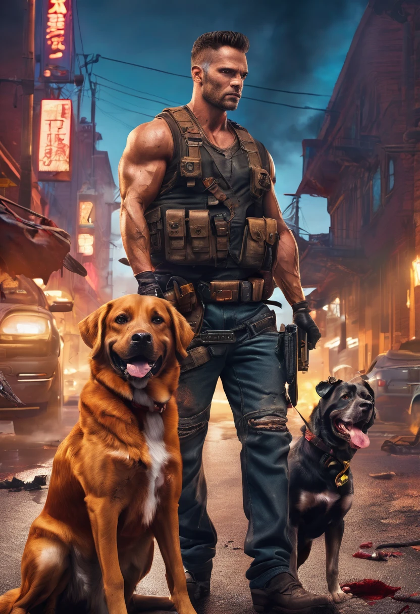 A muscular zombie hunter, his loyal dog companion, pulp comics, hyper-realistic manga style, lurid colors, dynamic magazine cover composition, 4k, 8k, photorealistic, masterpiece, ultra-detailed, vivid colors, dramatic lighting, cinematic, moody atmosphere
