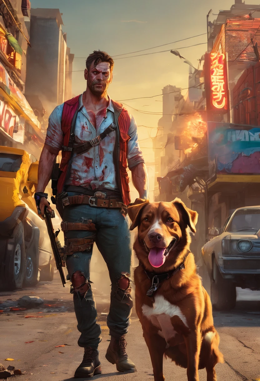 A muscular zombie hunter, his loyal dog companion, pulp comics, hyper-realistic manga style, lurid colors, dynamic magazine cover composition, 4k, 8k, photorealistic, masterpiece, ultra-detailed, vivid colors, dramatic lighting, cinematic, moody atmosphere