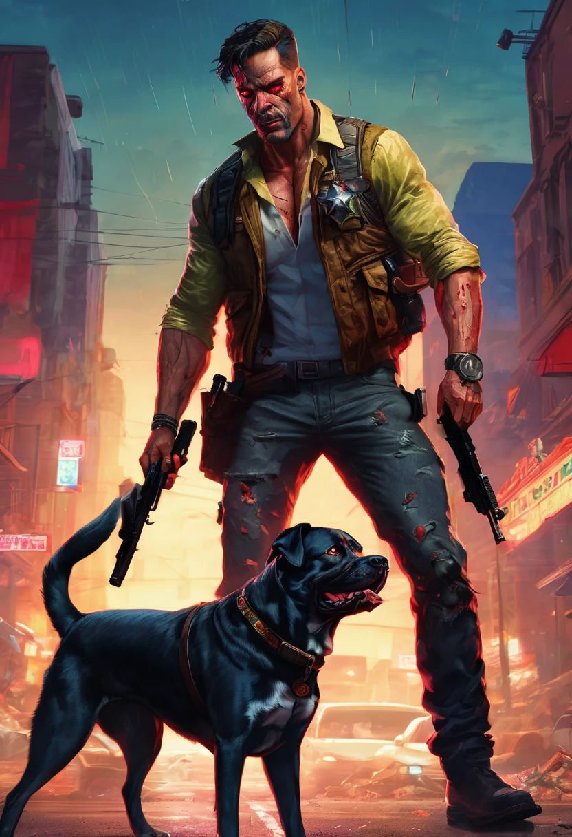A muscular zombie hunter, his loyal dog companion, pulp comics, hyper-realistic manga style, lurid colors, dynamic magazine cover composition, 4k, 8k, photorealistic, masterpiece, ultra-detailed, vivid colors, dramatic lighting, cinematic, moody atmosphere