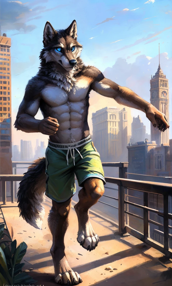((Solo)), male people, anthro wolf, (Multi-colored fur, White-brown:1.3,White tail pointed), (Height 2.1m,Tail length 1.2m), ((Wolf face, Big eyes, White eyelids, Blue pupil, Slim:1.2) (Tough, Calm expression:1.2)), Abs, Slim, pinging)), (Correct anatomy), (Work shorts:1.1), The upper body naked, (detailed outfits),A long big tail,Feet,(Realistic fur, Detailed fur texture, labeled:1.3)), (Natural lighting), Photorealistic, Hyperrealistic, ultradetailed, by Kenket,Modern city,erect through,Running on