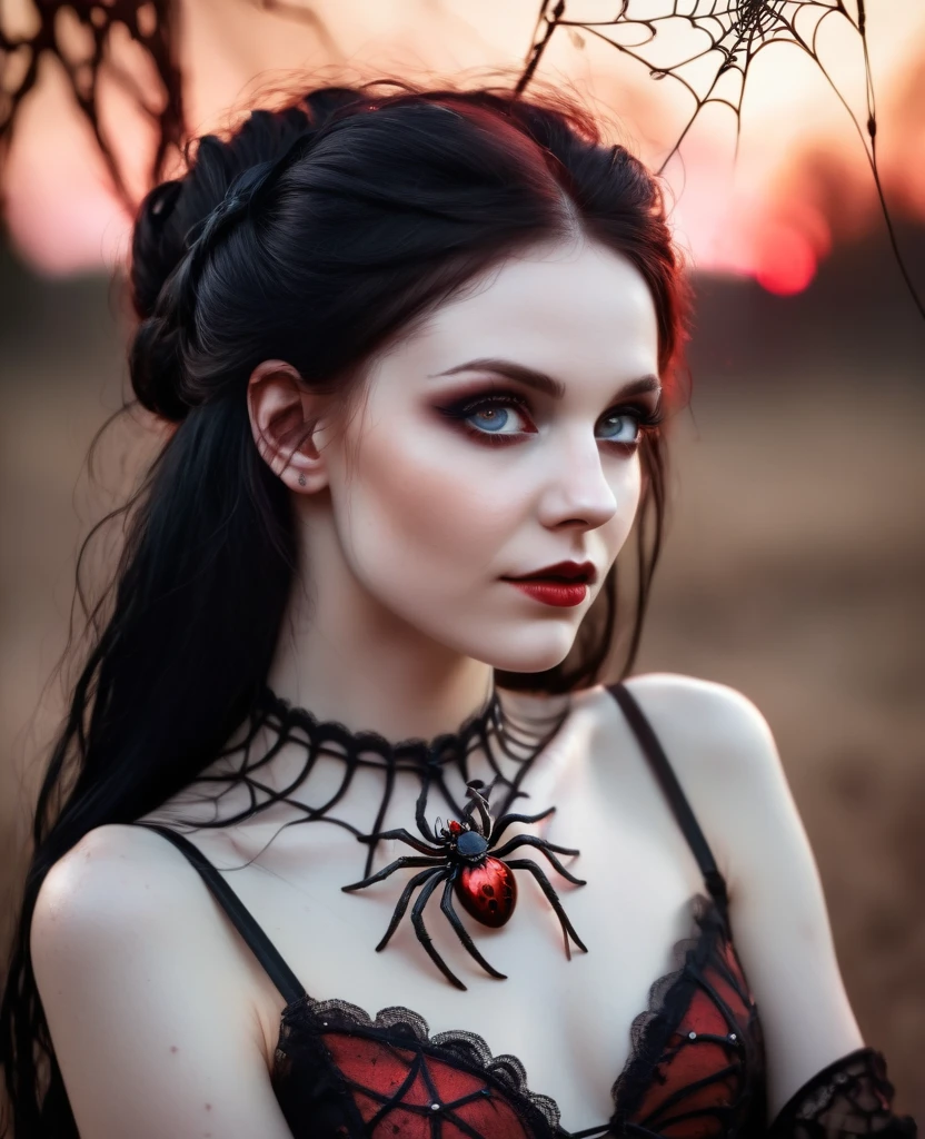 (Realistic:1.5), (((editorial photography))), (((extremely detailed))), ((masterpiece)), (gorgeous gothic woman in black red spider's web), dramatic lighting, (cinematic light:1.1), full body, (cute sexy:0.8), (cute face:1.2), Pleasure, faded colours, depth of field, 35 mm, analog photo style, gothic background, red splash particles with small luminism, spiders around, sunset, red dawn, dark atmosphere, medieval, intricate hair, inricate small details, (pale skin), hair ornament, long black hair, (fantasy world), (textured skin:1.4)