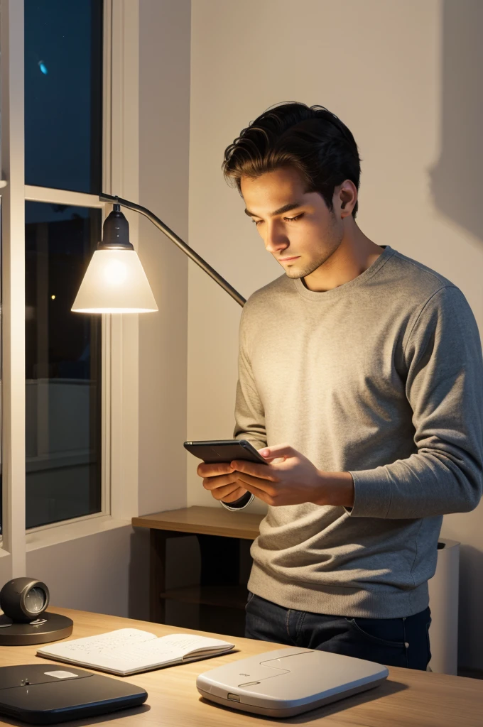 A man who code on mobile at night with lamp and keyboard or mouse 