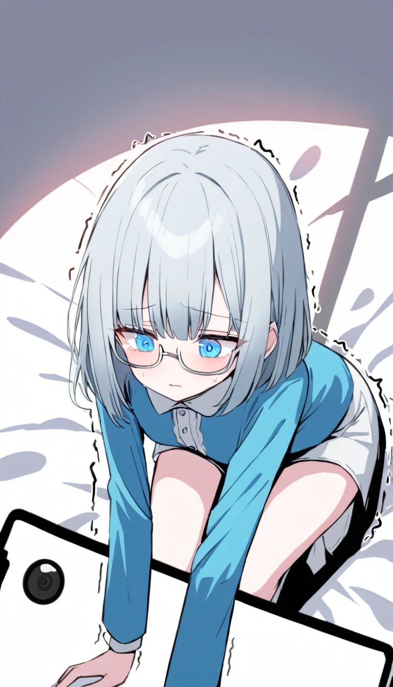 (((Bluish silver bob hair))) Square frame glasses, (((shining blue eyes))), (medium chest), (on her knees), with her smartphone on, a girl trembling with despair