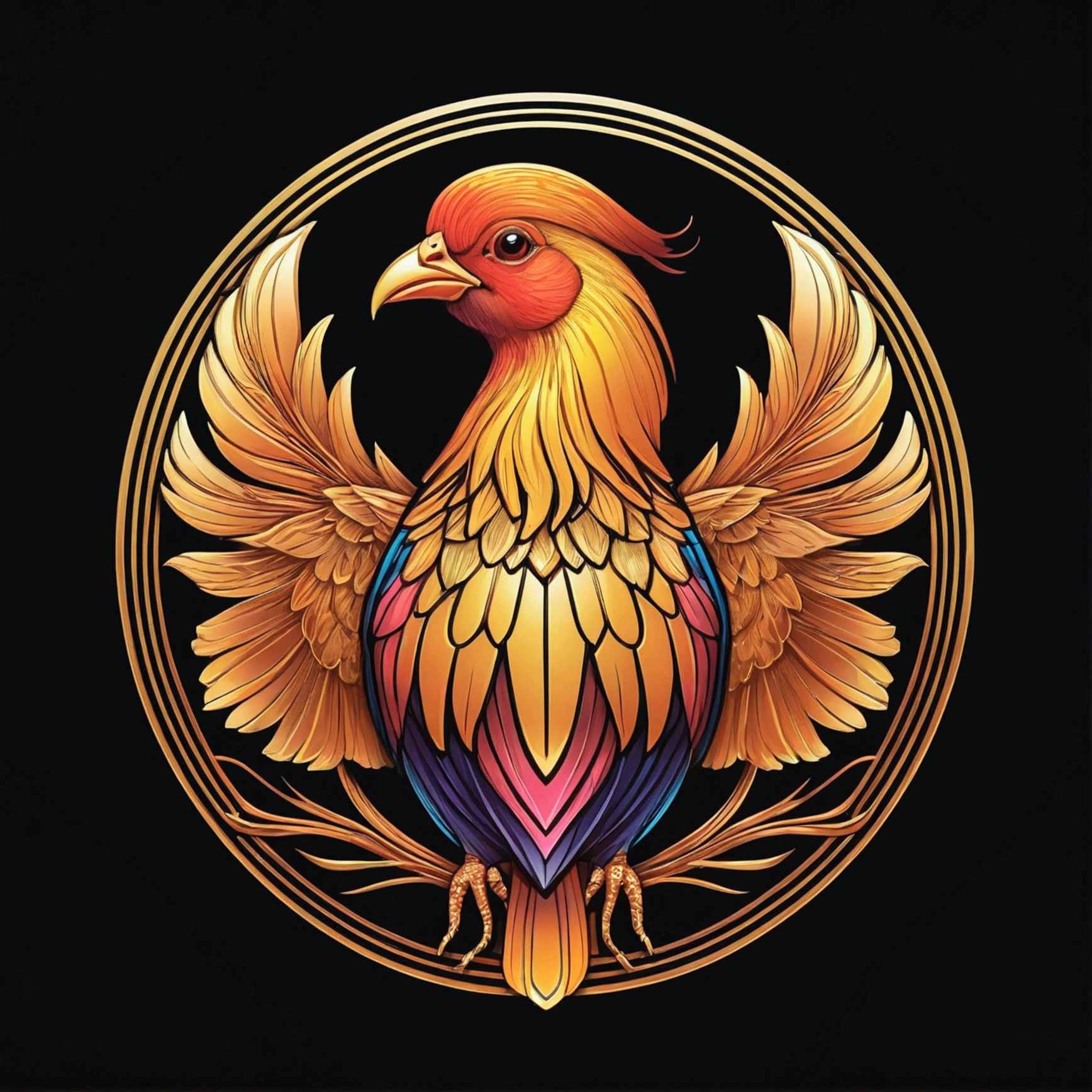 "Logo of a golden pheasant; shading and gradients, Art Nouveau, vibrant colors and synthwave. Vector design, thin lines, central composition, smooth background, -air 1:1. Watercolor logo style with puff 3D printing effect. Dark and strong colors, monochromatic background, from yukisakura, with original and incredible colors."