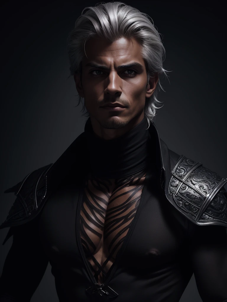 (best quality), 1boy, mature man, 34 years old, tanned skin, silver hair, medium hair, hair loosely combed back, brown eyes, perfect eyes, muscular, handsome, small waist, strong jawline, cold expression, (gothic clothes), fully clothed, clean face, masterpiece, anatomically correct, highres