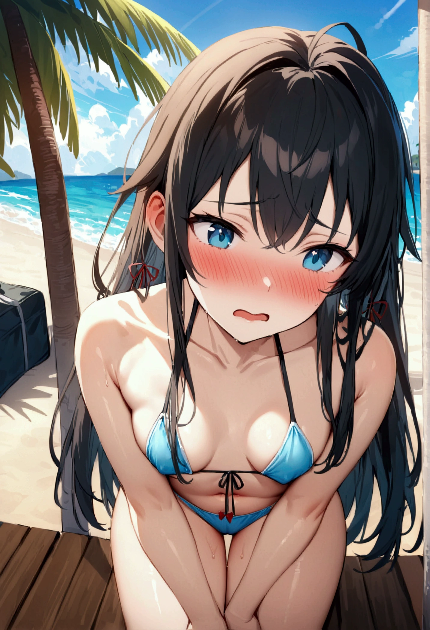 NSFW,masterpiece,Highest quality,High resolution,Super detailed,Yukinoshita Yukino\(My Youth Romantic Comedy is Wrong as Expected\),Black Hair,Long Hair,Light blue eyes,High quality sexy bikini,Halter neck,Small breasts,Embarrassed,blush,beach,Palm tree,Beach parasol,Beach House,(cheerful man),Pick up a girl