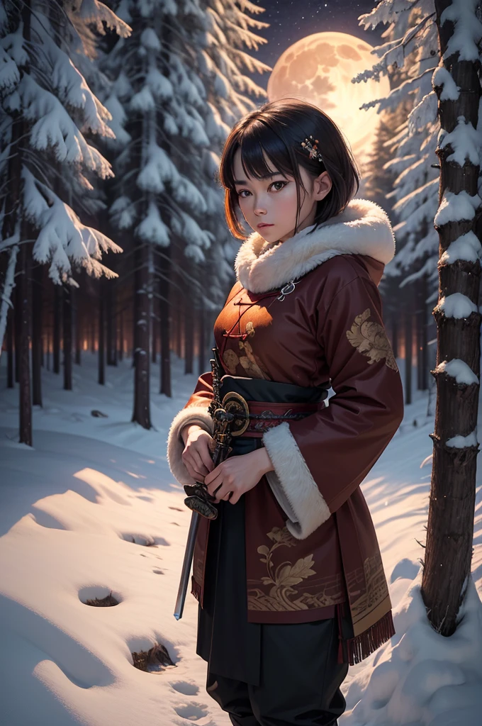 (work of art, 4k resolution, Ultra-realistic, very detailled), (Tiger and human girl theme, Charismatic, there is a girl in a snowy forest, Wearing Traditional Chinese Clothing e carregando uma katana no quadril, She is the head of a clan), [ ((age 25), (short brown hair:1.2), whole body, (greeneyes:1.2), ((Guard Posture),demonstration of resilience), ((wild and relaxing environment):0.8)| (FOREST LANDSCAPE, at night, dynamic lights), (fullmoon))] # Explanation: The prompt mainly describes an ultra-high-definition 4K painting, very realistic, very detailled. It shows a clan chief in front of some snow-covered trees, Wearing Traditional Chinese Clothing. The theme of the painting is a clan chief theme, the female protagonist has short brown hair, is age 25 old and her entire body is shown in the painting. In terms of portraying the boss&#39;s actions, tiger are employees