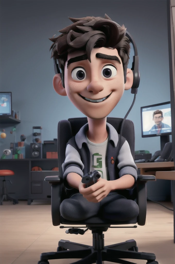 create a young man in a gaming chair, with a headset on your head, a gamer joystick in your hand 