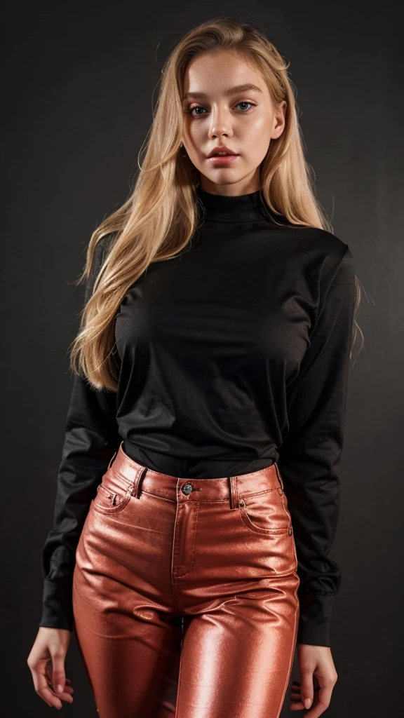 1 girl, Alone, looking at the viewer, long blond hair, wearing a red long sleeve blouse, a black pants, Brown eyes, Upper part of the body, Gray background, lips, realist, dioknigsreuter